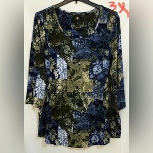 JM Collection Blue and Green Floral Long Sleeve Top